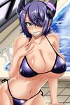  alternate_costume arm_support bikini blue_bikini blush breasts cleavage collarbone commentary_request covered_nipples cowboy_shot eyepatch grin headgear jet_(pw3234) kantai_collection large_breasts looking_at_viewer navel o-ring o-ring_bottom poolside purple_hair rei_no_pool shiny shiny_skin short_hair side-tie_bikini smile solo string_bikini swimsuit tenryuu_(kantai_collection) underboob yellow_eyes 