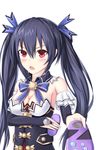  bare_shoulders black_hair breasts cleavage controller game_controller hair_ornament highres long_hair looking_at_viewer medium_breasts muwa12 neptune_(series) noire open_mouth red_eyes ribbon solo twintails very_long_hair 