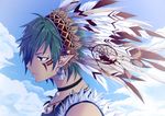  androgynous blue_sky choker cloud day die_ying dream_catcher ear_piercing earrings facial_mark feathers from_side green_hair headdress highres jewelry native_american_headdress necklace original piercing pointy_ears portrait profile red_eyes sky solo 