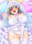  :d alternate_costume bare_shoulders bed_sheet blue_eyes blush bow bow_panties breast_hold breasts bridal_veil cleavage collarbone covered_nipples dress elbow_gloves flower frilled_pillow frills garter_belt gloves grey_eyes hair_flower hair_ornament hamakaze_(kantai_collection) head_tilt heart heart-shaped_pupils heart_pillow highres huge_breasts jewelry kantai_collection looking_at_viewer necklace nose_blush okatora open_mouth panties pillow pink_flower pink_rose ribbon rose see-through short_hair side-tie_panties sitting smile solo symbol-shaped_pupils underwear veil wedding_dress white_bow white_gloves white_legwear white_ribbon 