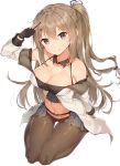  1girl arm_up bare_shoulders black_collar black_gloves black_ribbon blush breasts brown_eyes brown_hair brown_legwear cleavage closed_mouth collarbone commentary detached_collar girls_frontline gloves hair_ornament hair_ribbon hairclip head_tilt highres jacket k-2_(girls_frontline) large_breasts long_hair long_sleeves navel off_shoulder one_side_up pantyhose partly_fingerless_gloves ribbon rikoma salute showgirl_skirt sidelocks simple_background sitting smile solo thighband_pantyhose very_long_hair wariza white_background white_jacket 