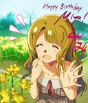  1girl :d ^_^ andou_shuuki bare_tree blush brown_hair character_name closed_eyes collarbone dress english eyebrows flower happy_birthday idolmaster idolmaster_million_live! insect_on_nose long_hair miyao_miya number open_mouth outdoors pointing pointing_at_self smile solo thick_eyebrows tree wavy_hair 