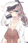  admiral_(kantai_collection) admiral_(kantai_collection)_(cosplay) alternate_costume aqua_eyes blush breasts brown_hair brown_legwear cosplay hair_ornament hat highres jacket kantai_collection kumano_(kantai_collection) kvlen long_hair looking_at_viewer no_bra one_eye_closed open_clothes open_jacket ponytail sleeves_past_wrists small_breasts smile solo thighhighs 