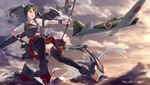  a6m_zero aircraft black_legwear bow_(weapon) cloud cloudy_sky green_eyes green_hair kantai_collection rokuwata_tomoe sky solo thighhighs twilight twintails weapon zuikaku_(kantai_collection) 