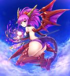  :o ass back bangs blue_sky blush boots breasts cloud day dragon_horns dragon_tail eyebrows eyebrows_visible_through_hair fingerless_gloves flying from_behind full_body gloves glowing head_fins heterochromia highres holding holding_weapon horns long_hair looking_at_viewer looking_back ouya_(maboroshimori) panties purple_eyes purple_hair purple_panties purple_wings puzzle_&amp;_dragons red_footwear samoore sky small_breasts solo sonia_(p&amp;d) tail thighhighs underwear weapon wings yellow_eyes 