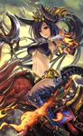  armlet armpits axe bangs bikini_top black_hair breasts closed_mouth cloud coin_(ornament) creature dragon dragon_girl dragon_horns dragon_tail eyelashes fingernails fire fur_trim gem holding holding_weapon horns jewelry kazto_furuya large_breasts long_fingernails long_hair looking_at_viewer moeru!_dragon_jiten moeru!_jiten pointy_ears ponytail red_eyes riding scales skull sky slavic_mythology slit_pupils smile solo swept_bangs tail tugarin_zmeyevich underboob very_long_hair weapon 