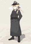  alternate_costume belt blonde_hair blue_eyes boots breath full_body hair_ornament hair_ribbon hands_in_pockets hat kantai_collection long_hair looking_away looking_to_the_side low_twintails necktie open_mouth peaked_cap prinz_eugen_(kantai_collection) ribbon snowing solo souji standing trench_coat twintails 