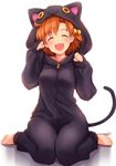  :3 ^_^ animal_hood bad_id bad_pixiv_id bangs barefoot bell blush brown_hair cat_hood cat_tail closed_eyes eyebrows eyebrows_visible_through_hair full_body hair_bell hair_ornament happy hood idolmaster idolmaster_million_live! ima_(lm_ew) jingle_bell long_sleeves open_mouth paw_pose short_hair sitting solo tail wariza white_background yabuki_kana zipper 