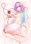  arms_behind_back bad_id bad_pixiv_id barefoot blue_shirt breasts buttons collarbone commentary_request eyeball floral_print full_body hairband heart kashiwagi_(pixiv15394393) komeiji_satori long_sleeves looking_at_viewer navel no_bra on_bed open_clothes open_mouth open_shirt pink_hair pink_skirt purple_eyes shirt short_hair skirt small_breasts solo tareme third_eye touhou 