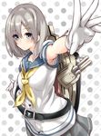  absurdres armpit_peek bad_id bad_pixiv_id belt blue_eyes breasts buttons collarbone eyes_visible_through_hair gloves grey_skirt hair_ornament hair_over_one_eye hairclip hamakaze_(kantai_collection) highres kantai_collection koi_nobori large_breasts looking_at_viewer machinery neckerchief outstretched_arm pleated_skirt polka_dot polka_dot_background school_uniform serafuku short_hair short_sleeves silver_hair skirt solo turret uniform white_gloves yellow_neckwear 