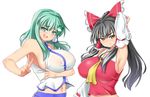  :d absurdres armpits ascot bare_shoulders black_hair blue_eyes blush bow breasts clenched_teeth covered_nipples detached_sleeves frog_hair_ornament green_hair hair_bow hair_ornament hair_tubes hakurei_reimu highres kochiya_sanae large_bow large_breasts long_hair looking_at_viewer mokkori9 multiple_girls navel open_mouth ponytail red_eyes shirt_pull sideboob sidelocks smile sweat teeth toned touhou v 