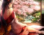  alternate_costume bare_back barefoot black_hair blush cherry_blossoms fate_(series) from_behind japanese_clothes kimono koha-ace long_hair looking_back mia_(gute-nacht-07) oda_nobunaga_(fate) pond porch red_eyes solo 