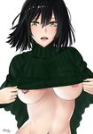  2016 artist_name bangs black_hair breasts eyelashes fubuki_(one-punch_man) green_eyes hair_between_eyes highres illusionk large_breasts navel nipple_piercing nipple_rings nipple_slip nipples one-punch_man piercing pink_lips ribbed_sweater shirt_lift short_hair signature simple_background solo sweater turtleneck upper_body white_background 