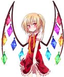  blonde_hair blush flandre_scarlet haiiro_(immature) looking_at_viewer no_hat no_headwear pointy_ears red_eyes red_skirt short_hair side_ponytail simple_background skirt solo touhou white_background wings 