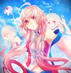  :o cloud cloudy_sky gradient_hair highres index_finger_raised kirame_kirai long_hair looking_at_viewer maika_(vocaloid) midriff multicolored_hair multiple_persona navel open_mouth pink_hair red_eyes sky sleeveless smile solo_focus triangle upper_body vocaloid 