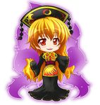  blonde_hair chibi chinese_clothes commentary_request fox_tail hat junko_(touhou) kazami_karasu long_hair multiple_tails red_eyes solo tail touhou 