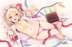  :d ascot blonde_hair blush book breasts fang flandre_scarlet groin hat looking_at_viewer lowleg lowleg_panties lying michiking navel nipples no_shoes on_back open_mouth outstretched_arms panties pink_panties red_eyes ribbon side_ponytail small_breasts smile socks solo topless touhou underwear white_legwear wings wrist_cuffs 