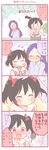  2girls 4koma :o ^_^ apron black_hair blush bow closed_eyes comic emphasis_lines finger_to_face flying_sweatdrops hair_bow hair_down hood hood_down hoodie ice_pack ladle long_hair long_sleeves love_live! love_live!_school_idol_project multiple_girls pajamas petting pot purple_hair red_eyes saku_usako_(rabbit) sick smile toujou_nozomi translated twintails v-shaped_eyebrows wavy_mouth yazawa_nico |_| 