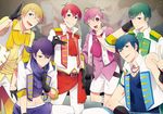  :&gt; ;) belt blonde_hair blue_eyes blue_hair brothers brown_eyes f6 fingerless_gloves gloves green_hair grin half_gloves hand_behind_head idol index_finger_raised jewelry jitome looking_at_viewer male_focus matsuno_choromatsu matsuno_ichimatsu matsuno_juushimatsu matsuno_karamatsu matsuno_osomatsu matsuno_todomatsu midriff money_gesture multiple_boys necklace one_eye_closed osomatsu-kun osomatsu-san parted_lips pink_hair purple_hair red_hair sash scarf sextuplets short_sleeves siblings sleeveless smile zari_yamada 