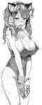  animal_ears bare_shoulders blush breasts cat_ears cleavage drooling erect_nipples female hair_ribbon large_breasts long_hair monochrome nekomimi open_mouth pussy_juice ribbon solo standing sweat swimsuit takeda_hiromitsu tongue tongue_out white_background 