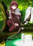  arrow bow_(weapon) braid brown_eyes brown_gloves brown_hair brown_legwear brown_shorts fingerless_gloves gloves hai_to_gensou_no_grimgar highres holding holding_weapon in_tree long_hair looking_at_viewer nihility outdoors shorts single_braid solo thighhighs tree weapon yume_(grimgar) 