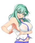  :d absurdres armpits bare_shoulders blush breast_hold breasts collared_vest covered_nipples frog_hair_ornament green_eyes green_hair hair_ornament hair_tubes highres kochiya_sanae large_breasts long_hair looking_at_viewer mokkori9 navel open_mouth shirt_pull sideboob smile solo sweat toned touhou v vest 