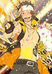  ;d abs bandana belt bouquet brown_eyes brown_hair confetti enjouji_michiru fingerless_gloves flower gloves happy_birthday headset idolmaster idolmaster_side-m jewelry male_focus muscle necklace one_eye_closed open_clothes open_mouth open_vest petals shatou_(c-com) shirtless smile solo vest 