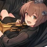  alternate_costume bad_id bad_twitter_id bangs blush bob_cut brown_eyes brown_hair dress from_above headgear instrument kantai_collection looking_at_viewer looking_back looking_up lowres official_art open_mouth shizuma_yoshinori short_hair sitting smile solo trumpet yukikaze_(kantai_collection) 