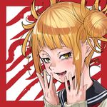  bangs blonde_hair blunt_bangs blush boku_no_hero_academia cardigan double_bun fangs messy_hair nukosann open_mouth portrait school_uniform serafuku smile solo toga_himiko yellow_eyes 