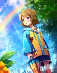  anaroguya blue_eyes blue_sky blue_sleeves blush brown_hair bug closed_umbrella cloud commentary_request day flower hair_ornament highres idolmaster idolmaster_million_live! insect ladybug open_mouth raglan_sleeves rainbow raincoat short_hair sky solo suou_momoko tree umbrella water_drop 