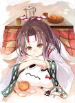  aircraft airplane brown_eyes brown_hair food fruit hachimaki headband japanese_clothes kantai_collection kotatsu long_hair mandarin_orange md5_mismatch miss_cloud ponytail smile solo table yukihiko_(tyabobo) zuihou_(kantai_collection) 