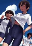  bike_shorts blue_sky blurry brown_hair cloud day depth_of_field dutch_angle glasses gym_uniform hair_between_eyes hands_on_hips lifted_by_self looking_at_viewer lvi multiple_girls open_mouth original outdoors revision shirt_lift short_hair skin_tight sky standing sweat 