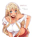  alessandra_susu angelo_(gomahangetsu) aqua_eyes blonde_hair blush bra_strap bracelet breasts character_name collarbone cross cross_necklace dated earrings hand_on_hip highres jewelry large_breasts leaning_forward long_hair looking_at_viewer midriff navel necklace off_shoulder open_mouth smile solo strap_slip tan tokyo_7th_sisters 
