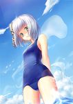  :t absurdres aqua_eyes bangs bird blue_sky blue_swimsuit blurry blush cameltoe cloud collarbone cowboy_shot day depth_of_field eyebrows eyebrows_visible_through_hair from_below hair_ribbon hei_huo_chong highres konpaku_youmu lens_flare looking_at_viewer ocean old_school_swimsuit one-piece_swimsuit outdoors pout ribbon school_swimsuit shade sky solo standing swimsuit touhou transparent wading water white_hair 