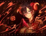  blue_eyes character_name demon_horns earrings feathers glasses horns idolmaster idolmaster_side-m iseya_shiki jewelry light_smile looking_at_viewer male_focus pink-framed_eyewear ring shigaraki_(strobe_blue) smile solo upper_body 