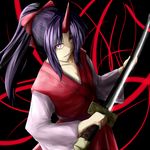  ao-shiba black_hair bow hair_bow horn japanese_clothes katana konngara ponytail red_eyes solo sword touhou touhou_(pc-98) weapon 