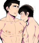  2boys abs ace_of_diamond bara blush looking_at_viewer male_focus multiple_boys muscle pecs sweat topless white_background yaoi 