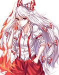  absurdres bad_id bad_pixiv_id bow buttons cigarette closed_mouth cowboy_shot eyebrows eyebrows_visible_through_hair fire flame fujiwara_no_mokou hair_bow hand_in_pocket highres long_hair looking_at_viewer mouth_hold multi-tied_hair pants pocket puffy_short_sleeves puffy_sleeves red_eyes red_pants serious sheya short_sleeves simple_background smoking solo suspenders touhou very_long_hair white_background white_bow white_hair wing_collar 