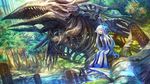  blonde_hair closed_eyes dress forest hat long_hair monster nature open_mouth original ox_(baallore) silver_hair sitting skeleton sleeveless sleeveless_dress solo striped striped_dress tree 