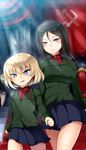  blue_eyes blush brown_hair girls_und_panzer katyusha long_hair military military_uniform multiple_girls nonna open_mouth pravda_school_uniform short_hair skirt smile uniform yottan 