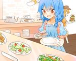  animal_ears bad_id bad_twitter_id blonde_hair blue_dress blue_hair bunny_ears dress ear_clip egg flat_cap floppy_ears food hat misha_(hoongju) multiple_girls open_mouth orange_shirt pizza plate plate_stack puffy_short_sleeves puffy_sleeves red_eyes ringo_(touhou) salad seiran_(touhou) serving_dome shirt short_sleeves smile tongs touhou 