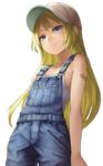  bandaid bandaid_on_arm bangs bare_arms baseball_cap belt blonde_hair buckle buttons closed_mouth collarbone cowboy_shot denim flat_chest from_below grey_eyes hat kurione_(zassou) light_smile long_hair looking_at_viewer original overalls parted_bangs simple_background smile solo tank_top very_long_hair white_background 