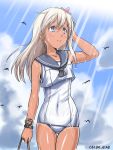  1girl blonde_hair blue_sky cloud cocoa_(cocoa0191) covered_navel cowboy_shot crop_top flower grey_eyes hair_flower hair_ornament kantai_collection light_rays long_hair looking_up one-piece_tan outdoors ro-500_(kantai_collection) school_swimsuit school_uniform serafuku sky smile solo sunbeam sunlight swimsuit swimsuit_under_clothes tan tanline thighhighs twitter_username wet wet_clothes wet_swimsuit white_school_swimsuit white_swimsuit 