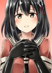  alternate_costume black_gloves black_hair blush breasts brown_eyes cosplay elbow_gloves gloves haguro_(kantai_collection) hair_between_eyes hair_ornament hands_together highres kamelie kantai_collection looking_at_viewer medium_breasts naka_(kantai_collection) naka_(kantai_collection)_(cosplay) sailor_collar school_uniform serafuku short_hair short_sleeves smile solo 