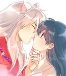  1girl animal_ears black_hair blue_eyes blurry blush chin_grab closed_eyes couple depth_of_field dog_ears eyelashes fang fingernails from_side hetero higurashi_kagome imminent_kiss inuyasha inuyasha_(character) japanese_clothes jewelry long_hair looking_at_another miko motobi_(mtb_umk) necklace open_mouth portrait profile sharp_fingernails simple_background white_background white_hair 