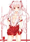  \m/ adapted_costume albino alternate_costume alternate_hairstyle bad_id bad_pixiv_id bangs blush breasts center_opening cleavage collarbone collared_shirt cowboy_shot frame fujiwara_no_mokou gradient grin hair_ribbon hair_up hand_on_hip highres long_hair looking_at_viewer maremay0513 midriff miniskirt navel no_bra open_clothes open_shirt pleated_skirt red_eyes red_skirt ribbon shirt short_sleeves sidelocks signature simple_background skirt small_breasts smile solo standing strap_slip suspender_skirt suspenders suspenders_slip torn_clothes torn_sleeves touhou twintails very_long_hair white_background white_hair white_shirt 