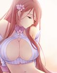  57_(lme_piggy117) bare_shoulders bleach breasts brown_eyes cleavage cleavage_cutout crop_top detached_sleeves flower hair_flower hair_ornament inoue_orihime large_breasts long_hair looking_down midriff navel orange_hair solo 