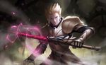  blonde_hair ea_(fate/stay_night) earrings fate/grand_order fate/stay_night fate_(series) gauntlets gilgamesh hair_slicked_back highres holding holding_sword holding_weapon jewelry looking_at_viewer male_focus red_eyes solo sword weapon yijian_ma 