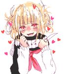  bangs blonde_hair blush boku_no_hero_academia heart looking_at_viewer lowres mado_(watanuki) oekaki open_mouth red_eyes short_hair simple_background smile solo sweater toga_himiko white_background white_sweater 