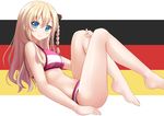  arm_at_side bare_arms bare_legs bare_shoulders barefoot bikini blonde_hair blue_eyes braid breasts closed_mouth eyebrows eyebrows_visible_through_hair flag_background from_side german_flag high_school_fleet highres kazenokaze large_breasts leaning_back legs_up letterboxed long_hair looking_at_viewer looking_to_the_side sideboob single_braid sitting smile solo striped striped_bikini swimsuit tareme thighs wilhelmina_braunschweig_ingenohl_friedeburg 